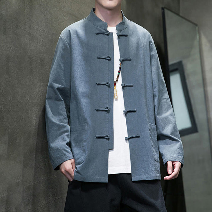 Buddha Stones Einfarbiger Tang-Anzug aus Baumwolle und Leinen mit Froschknöpfen und Taschen - image 4