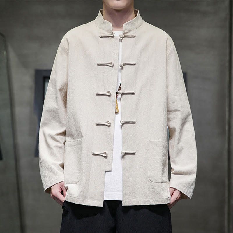 Buddha Stones Einfarbiger Tang-Anzug aus Baumwolle und Leinen mit Froschknöpfen und Taschen - Beige - US/ UK/AU46, EU56 (5XL) - image 11