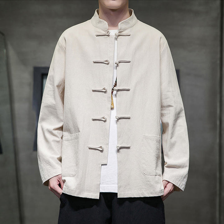 Buddha Stones Einfarbiger Tang-Anzug aus Baumwolle und Leinen mit Froschknöpfen und Taschen - Beige - US/ UK/AU46, EU56 (5XL) - image 11