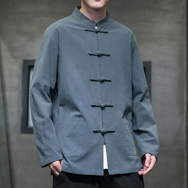 Buddha Stones Einfarbiger Tang-Anzug aus Baumwolle und Leinen mit Froschknöpfen und Taschen - image 5