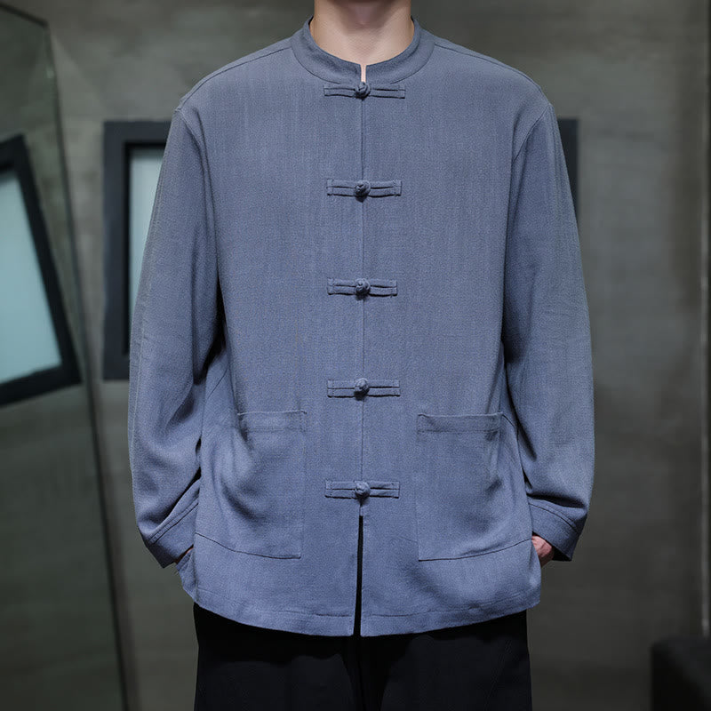 Buddha Stones Lässiges, einfarbiges Leinenhemd mit Froschknöpfen und Taschen für Herren - Königsblau - US/ UK/AU46，EU56 (5XL) - image 0