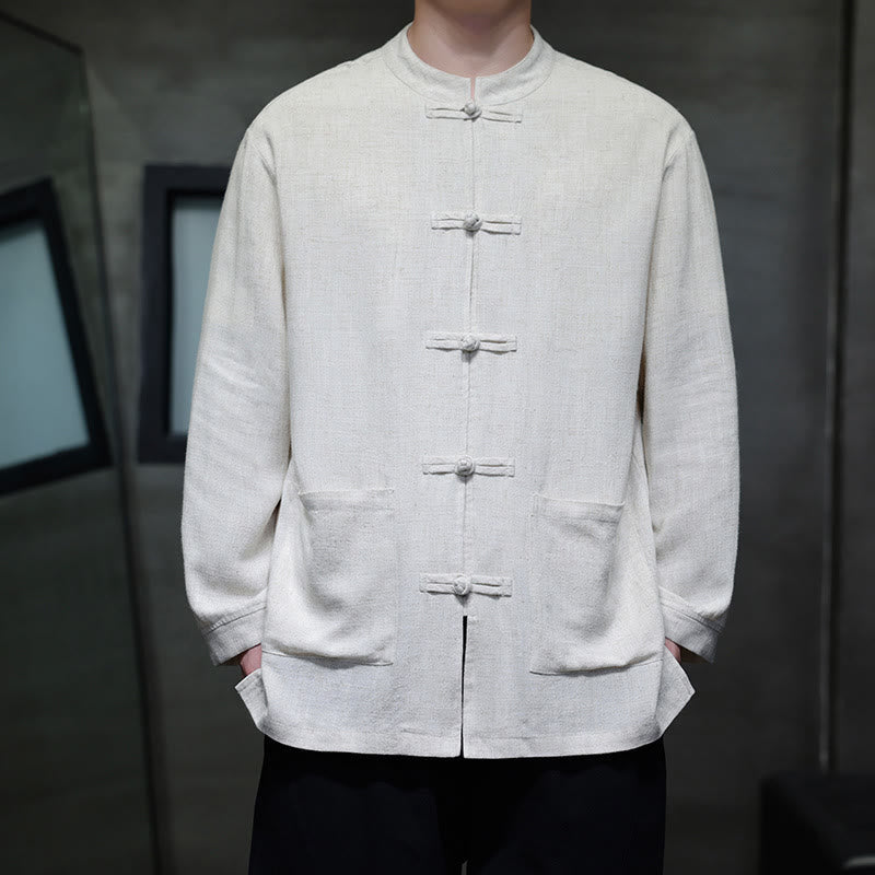 Buddha Stones Lässiges, einfarbiges Leinenhemd mit Froschknöpfen und Taschen für Herren - Weiß - US/ UK/AU46, EU56 (5XL) - image 14