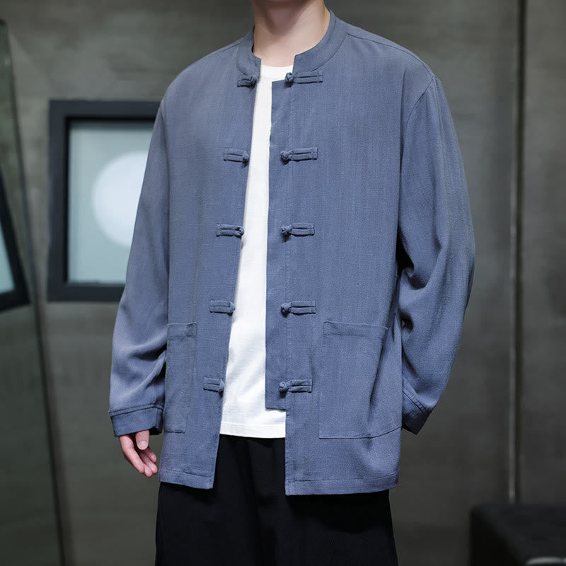 Buddha Stones Lässiges, einfarbiges Leinenhemd mit Froschknöpfen und Taschen für Herren - image 1