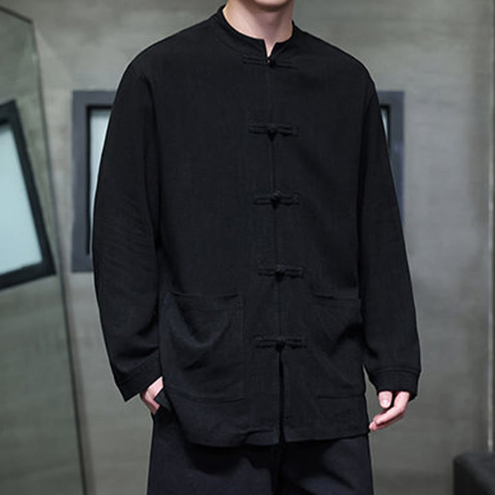 Buddha Stones Lässiges, einfarbiges Leinenhemd mit Froschknöpfen und Taschen für Herren - image 9