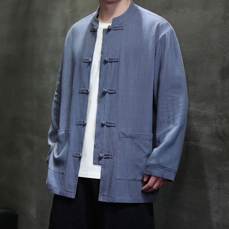 Buddha Stones Lässiges, einfarbiges Leinenhemd mit Froschknöpfen und Taschen für Herren - image 2