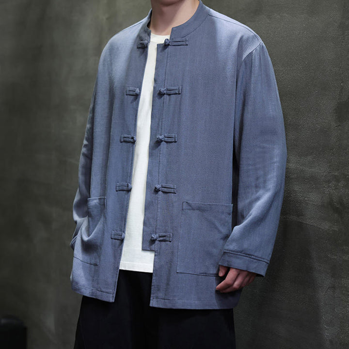 Buddha Stones Lässiges, einfarbiges Leinenhemd mit Froschknöpfen und Taschen für Herren - image 2