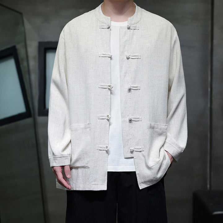 Buddha Stones Lässiges, einfarbiges Leinenhemd mit Froschknöpfen und Taschen für Herren - image 15