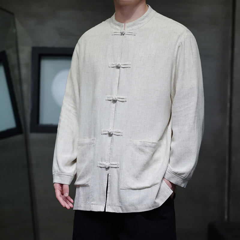 Buddha Stones Lässiges, einfarbiges Leinenhemd mit Froschknöpfen und Taschen für Herren - image 16