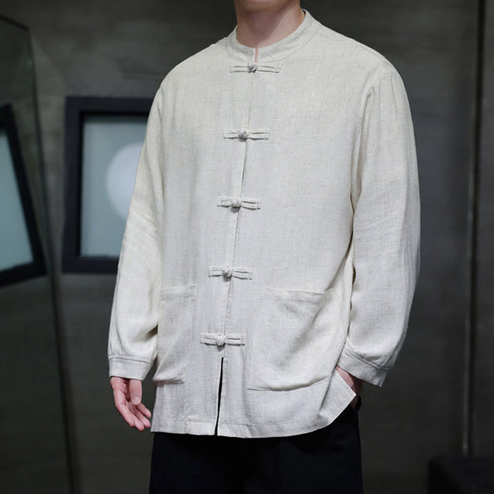 Buddha Stones Lässiges, einfarbiges Leinenhemd mit Froschknöpfen und Taschen für Herren - image 16