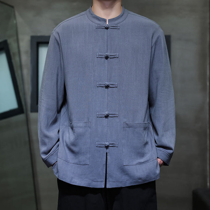 Buddha Stones Lässiges, einfarbiges Leinenhemd mit Froschknöpfen und Taschen für Herren - Königsblau - US/UK/AU46, EU56 (5XL) - image 0