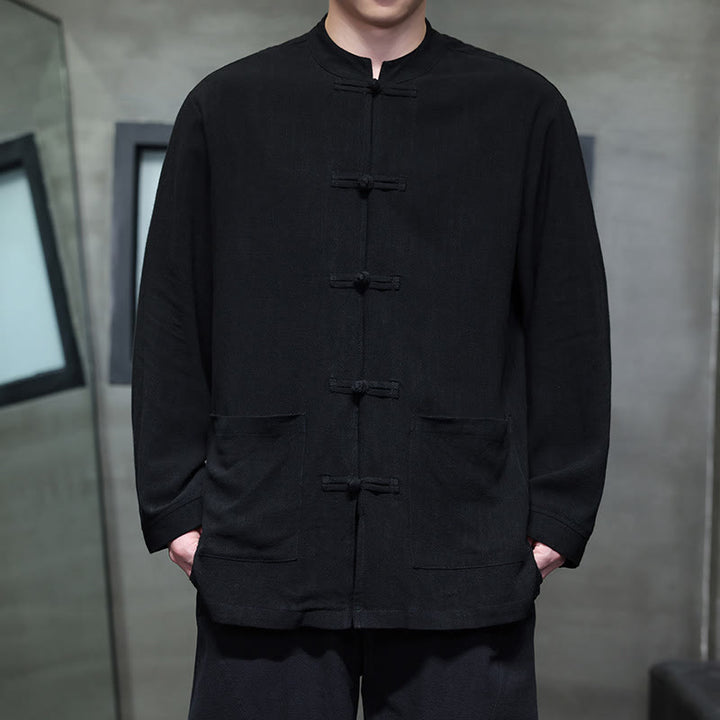 Buddha Stones Lässiges, einfarbiges Leinenhemd mit Froschknöpfen und Taschen für Herren - Schwarz - US/ UK/AU46，EU56 (5XL) - image 8
