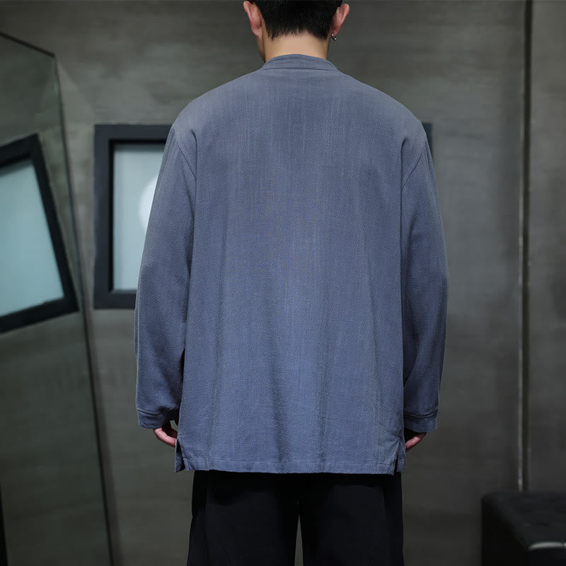 Buddha Stones Lässiges, einfarbiges Leinenhemd mit Froschknöpfen und Taschen für Herren - image 4