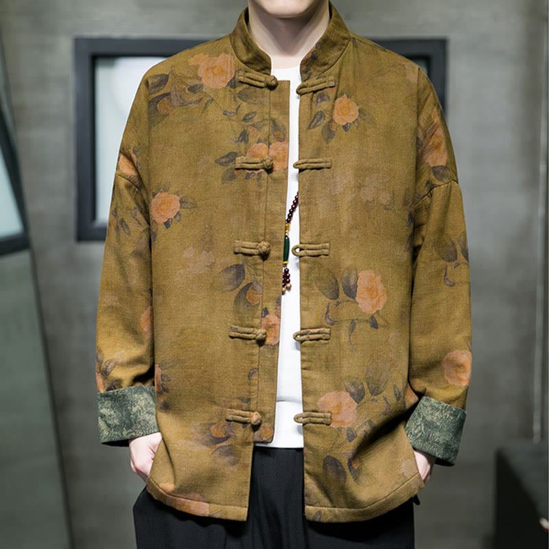 Buddha Stones ​​Blätter Blume Frosch-Knopf Tang Anzug Baumwolle Herren Jacke Hemd  - Goldrute - US/UK/AU46, EU56 (5XL) - image 9