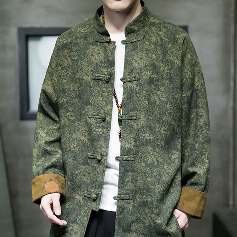 Buddha Stones ​​Blätter Blume Frosch-Knopf Tang Anzug Baumwolle Herren Jacke Hemd  - Waldgrün - US/UK/AU46, EU56 (5XL) - image 0