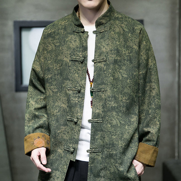 Buddha Stones ​​Blätter Blume Frosch-Knopf Tang Anzug Baumwolle Herren Jacke Hemd  - Waldgrün - US/UK/AU46, EU56 (5XL) - image 0