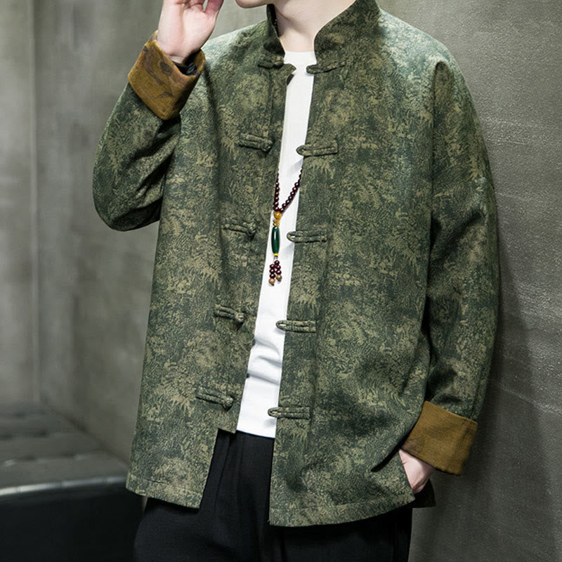 Buddha Stones ​​Blätter Blume Frosch-Knopf Tang Anzug Baumwolle Herren Jacke Hemd  - image 6