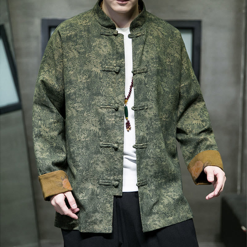 Buddha Stones ​​Blätter Blume Frosch-Knopf Tang Anzug Baumwolle Herren Jacke Hemd  - image 5