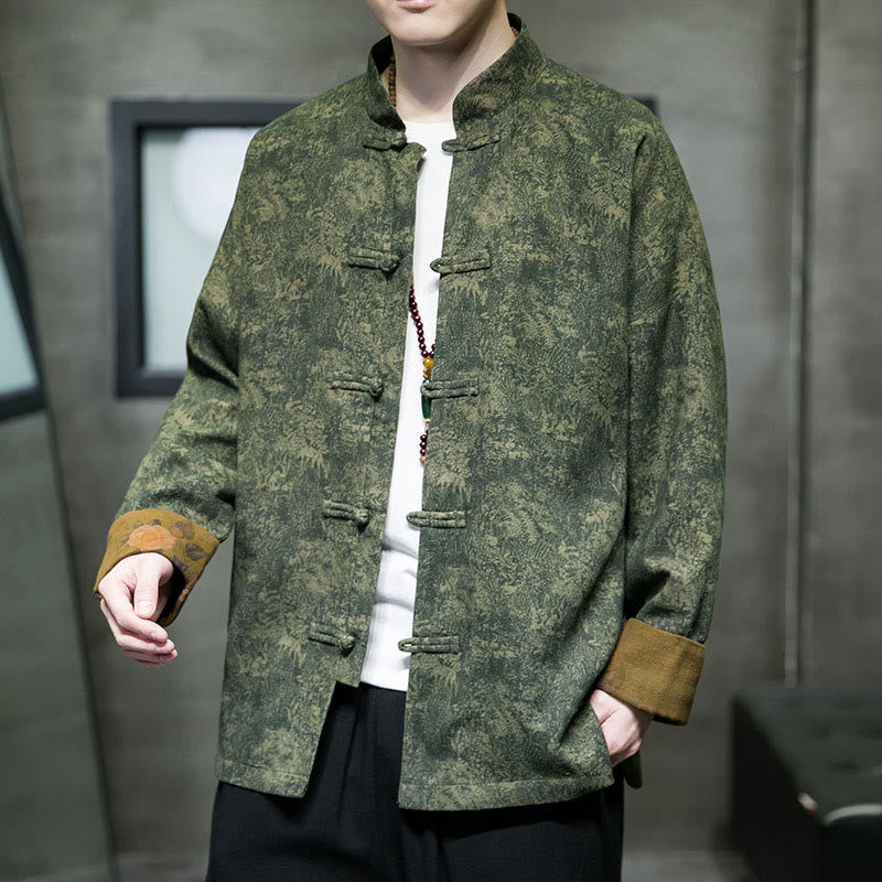 Buddha Stones ​​Blätter Blume Frosch-Knopf Tang Anzug Baumwolle Herren Jacke Hemd  - image 1
