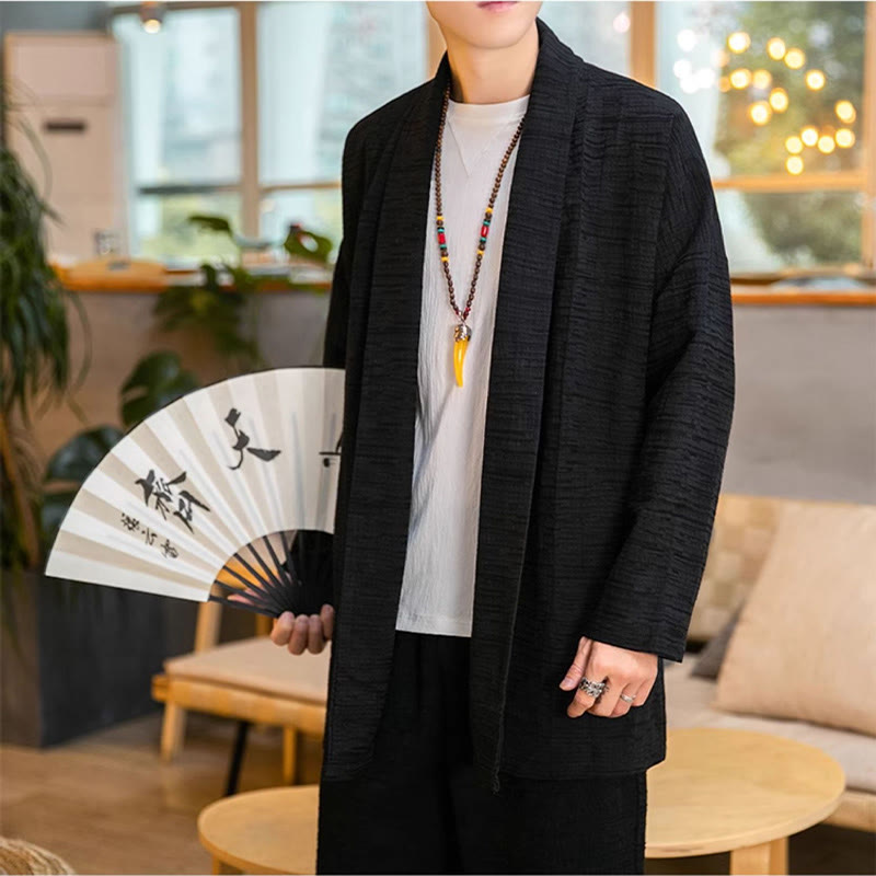 Buddha Stones Fallen Einfache Lose Plain Leinen Mischung Herren Mittellangen Mantel Kleidung - image 7