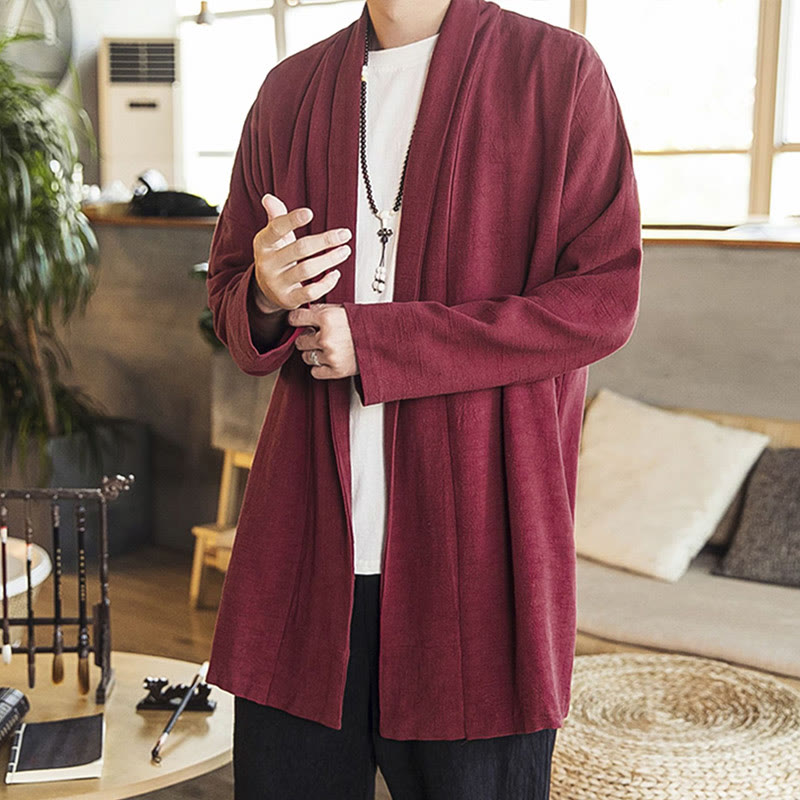 Buddha Stones Fall Einfache Casual Baumwolle Leinen Herren Mittellanger Mantel Kleidung - Dunkelrot - US/UK/AU42, EU52 (3XL) - image 0