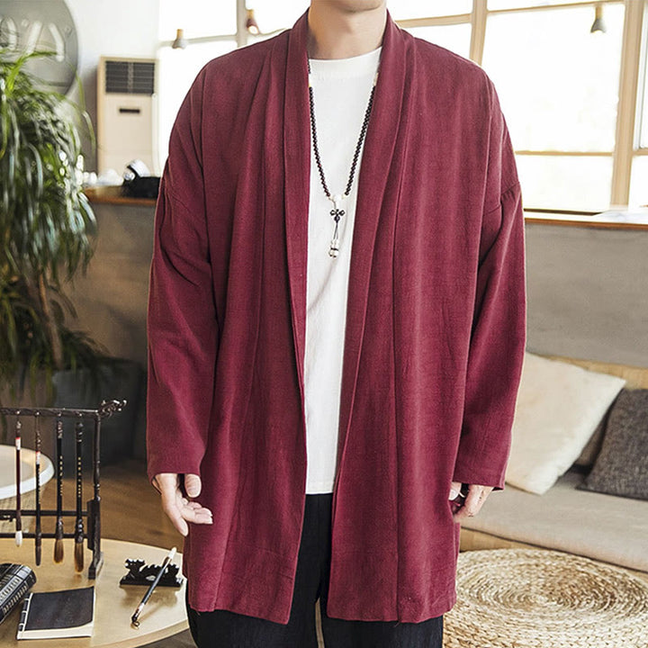 Buddha Stones Fall Einfache Casual Baumwolle Leinen Herren Mittellanger Mantel Kleidung - image 5