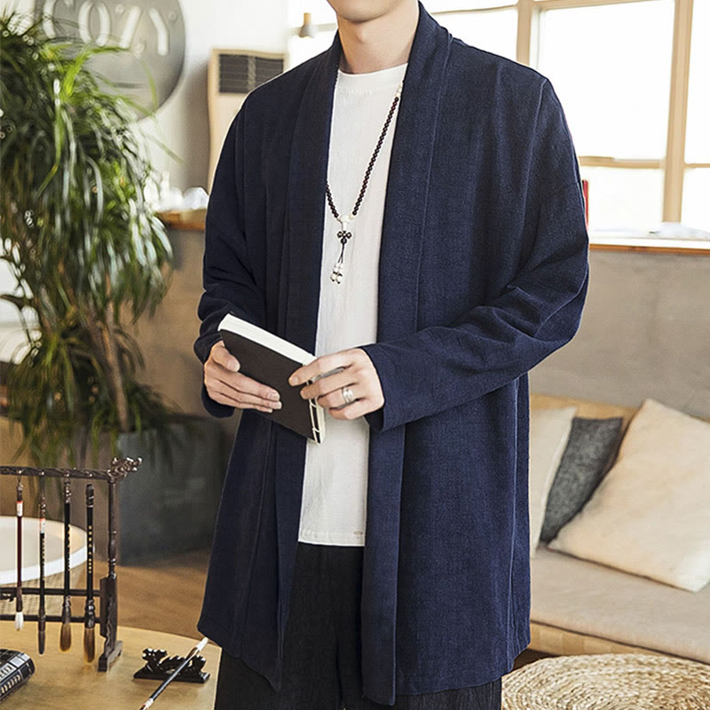Buddha Stones Fall Einfache Casual Baumwolle Leinen Herren Mittellanger Mantel Kleidung - image 10
