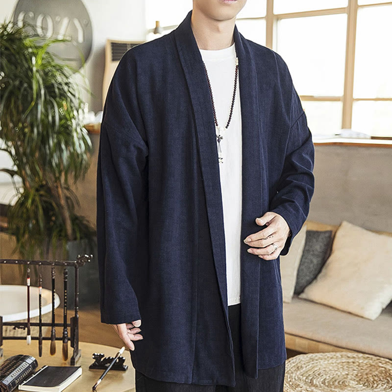Buddha Stones Fall Einfache Casual Baumwolle Leinen Herren Mittellanger Mantel Kleidung - image 11