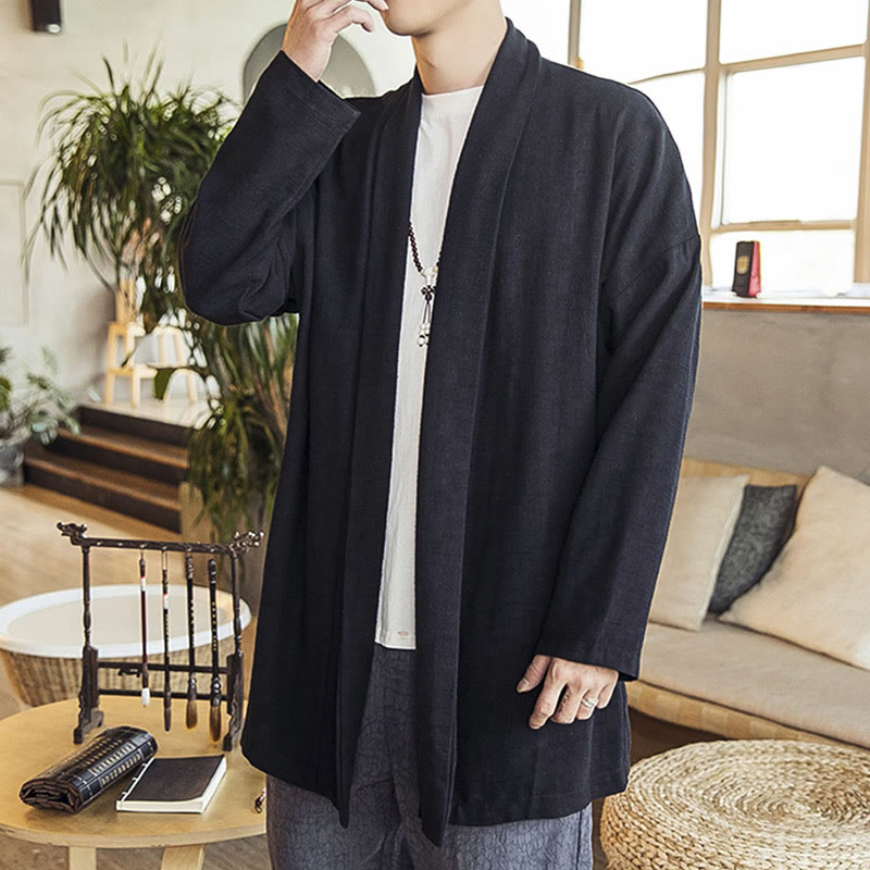 Buddha Stones Fall Einfache Casual Baumwolle Leinen Herren Mittellanger Mantel Kleidung - image 13