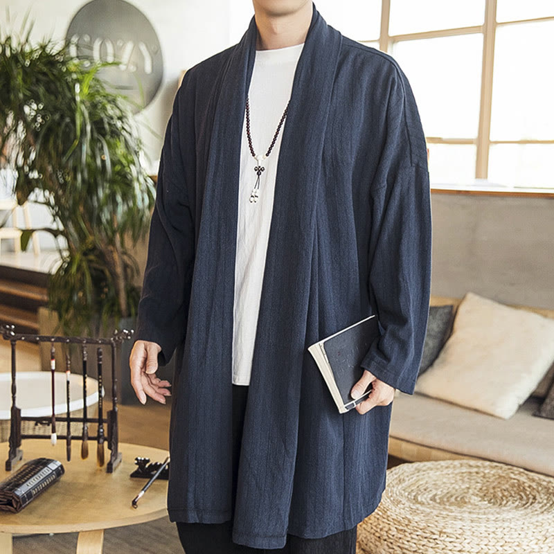 Buddha Stones Fallen Einfache Casual Loose Plain Leinenmischung Herren Mittellanger Mantel Kleidung - SteelBlue - US/ UK/AU42, EU52 (3XL) - image 15