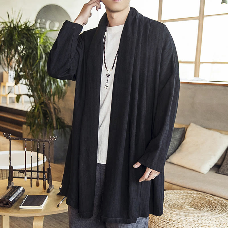 Buddha Stones Fallen Einfache Casual Loose Plain Leinenmischung Herren Mittellanger Mantel Kleidung - Schwarz - US/ UK/AU42, EU52 (3XL) - image 9