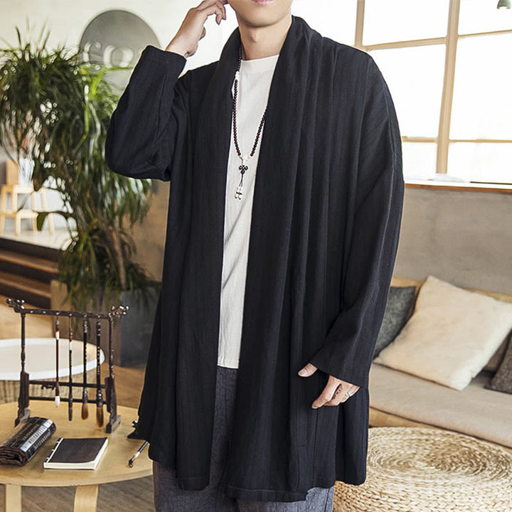 Buddha Stones Fallen Einfache Casual Loose Plain Leinenmischung Herren Mittellanger Mantel Kleidung - Schwarz - US/ UK/AU42, EU52 (3XL) - image 9
