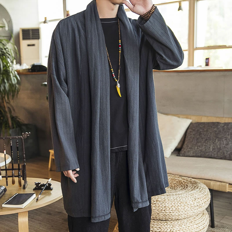 Buddha Stones Fallen Einfache Casual Loose Plain Leinenmischung Herren Mittellanger Mantel Kleidung - image 3