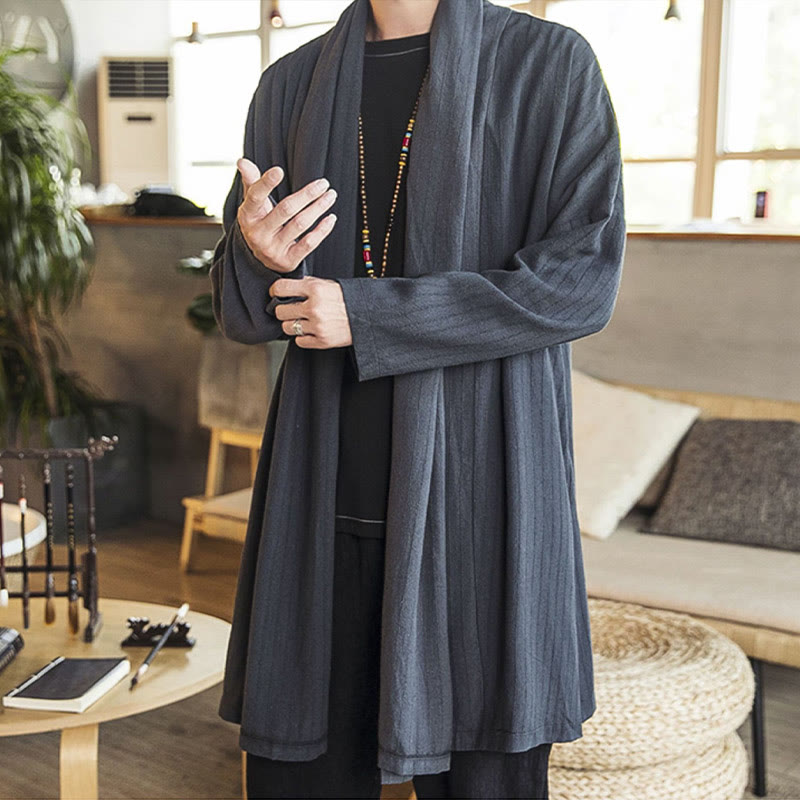 Buddha Stones Fallen Einfache Casual Loose Plain Leinenmischung Herren Mittellanger Mantel Kleidung - image 1