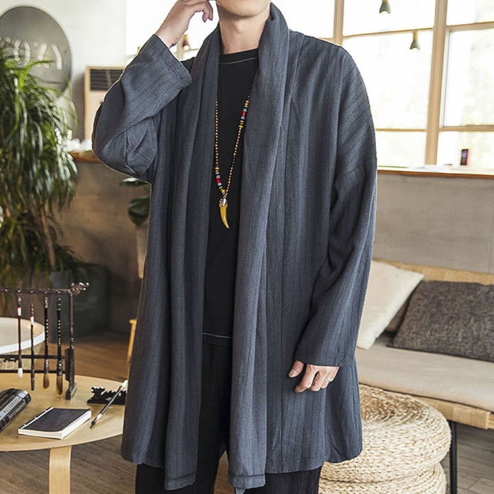 Buddha Stones Fallen Einfache Casual Loose Plain Leinenmischung Herren Mittellanger Mantel Kleidung - image 4