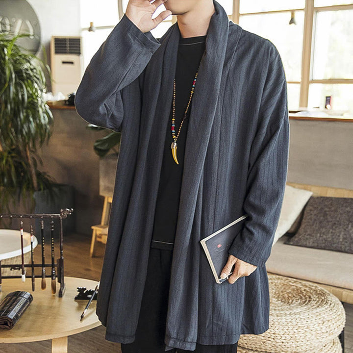 Buddha Stones Fallen Einfache Casual Loose Plain Leinenmischung Herren Mittellanger Mantel Kleidung - image 6