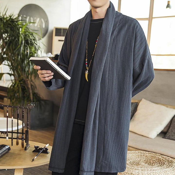 Buddha Stones Fallen Einfache Casual Loose Plain Leinenmischung Herren Mittellanger Mantel Kleidung - image 6