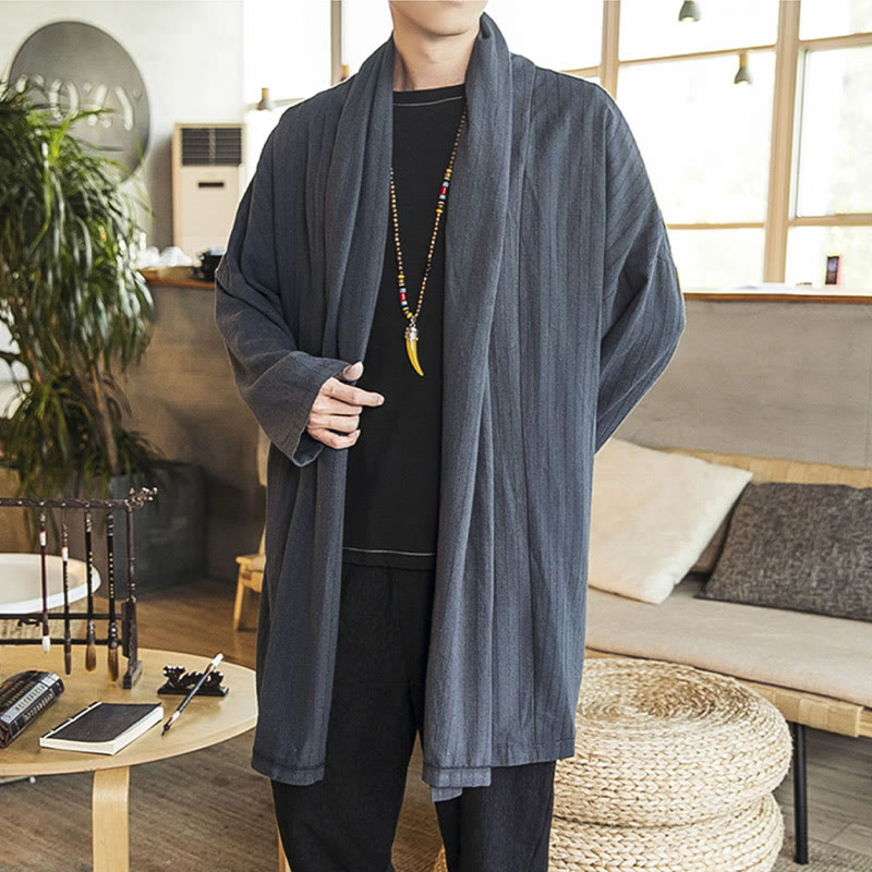Buddha Stones Fallen Einfache Casual Loose Plain Leinenmischung Herren Mittellanger Mantel Kleidung - image 7