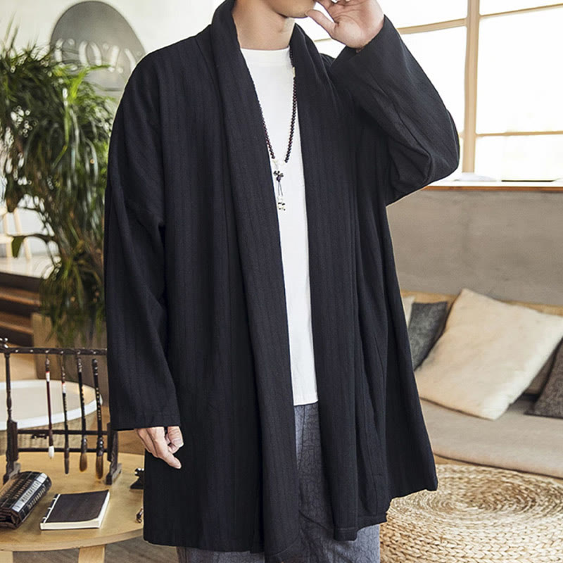 Buddha Stones Fallen Einfache Casual Loose Plain Leinenmischung Herren Mittellanger Mantel Kleidung - image 10