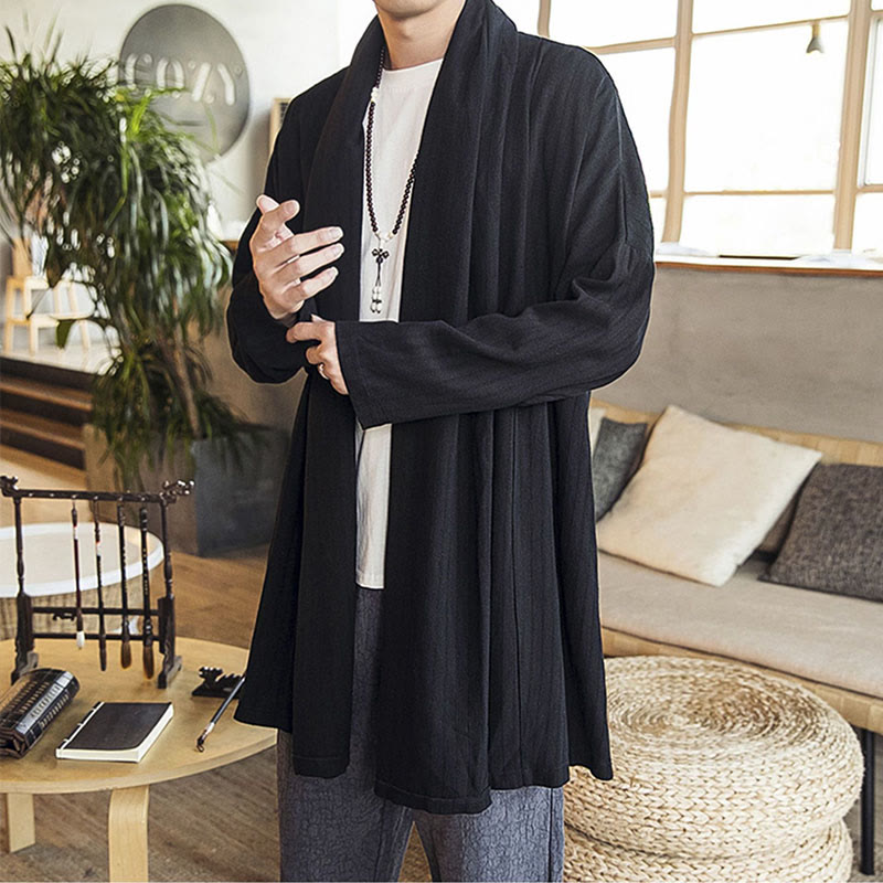 Buddha Stones Fallen Einfache Casual Loose Plain Leinenmischung Herren Mittellanger Mantel Kleidung - image 11