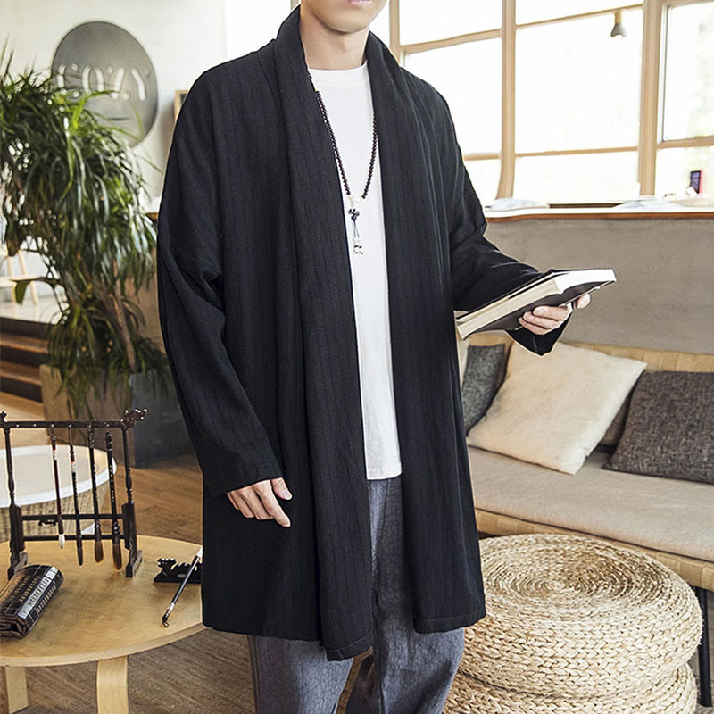Buddha Stones Fallen Einfache Casual Loose Plain Leinenmischung Herren Mittellanger Mantel Kleidung - image 14