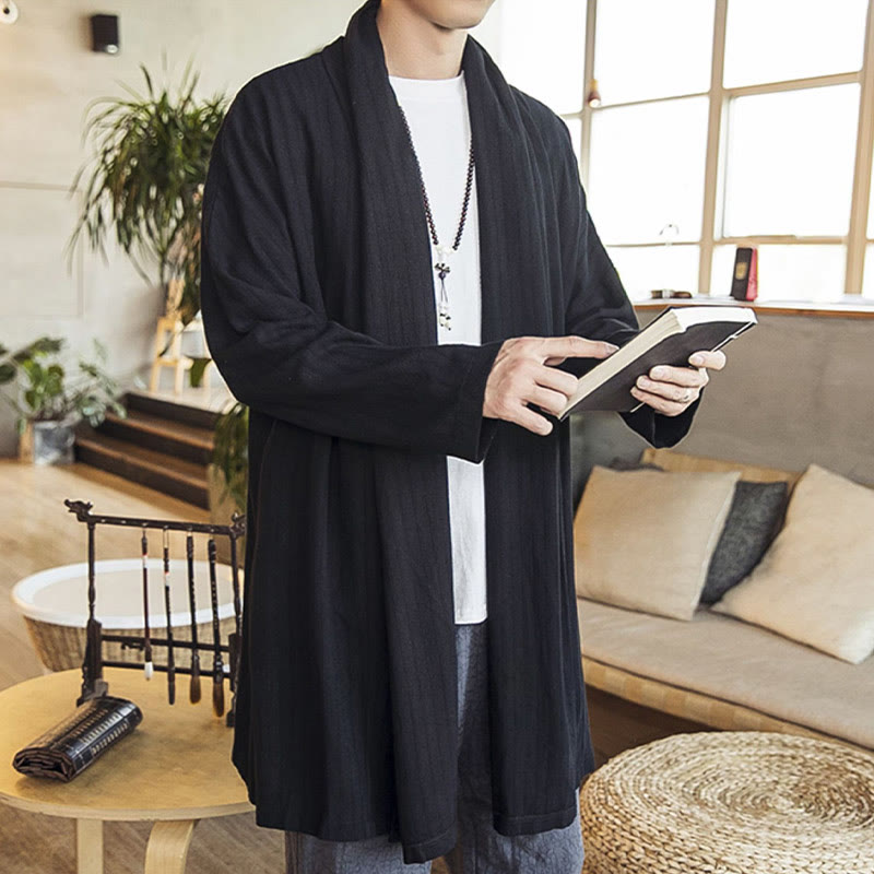 Buddha Stones Fallen Einfache Casual Loose Plain Leinenmischung Herren Mittellanger Mantel Kleidung - image 12