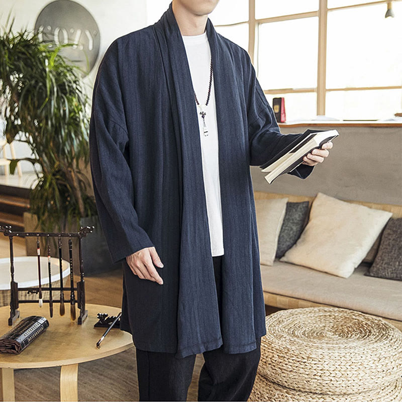Buddha Stones Fallen Einfache Casual Loose Plain Leinenmischung Herren Mittellanger Mantel Kleidung - image 18