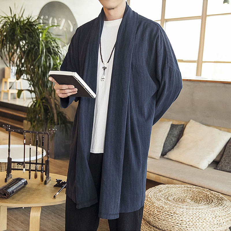 Buddha Stones Fallen Einfache Casual Loose Plain Leinenmischung Herren Mittellanger Mantel Kleidung - image 17