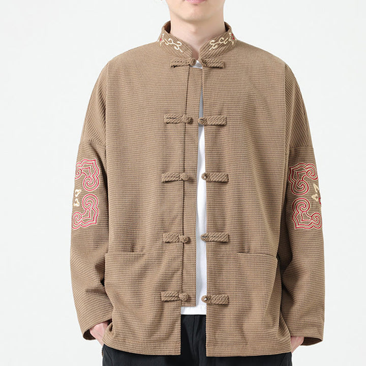 Buddha Stones Herren Tang-Anzug mit Froschknöpfen, symmetrischer Stickerei, Baumwollcord-Jacke, Hemd mit Taschen - Bräunen - US/ UK/AU46, EU56 (5XL) - image 7
