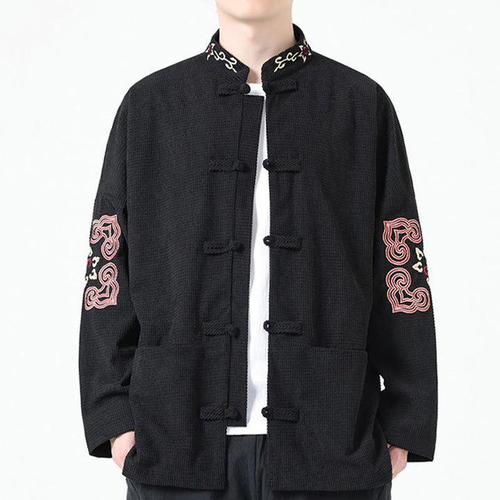 Buddha Stones Herren Tang-Anzug mit Froschknöpfen, symmetrischer Stickerei, Baumwollcord-Jacke, Hemd mit Taschen - Schwarz - US/ UK/AU46, EU56 (5XL) - image 0