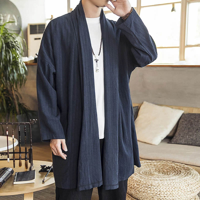 Buddha Stones Fallen Einfache Casual Loose Plain Leinenmischung Herren Mittellanger Mantel Kleidung - image 21