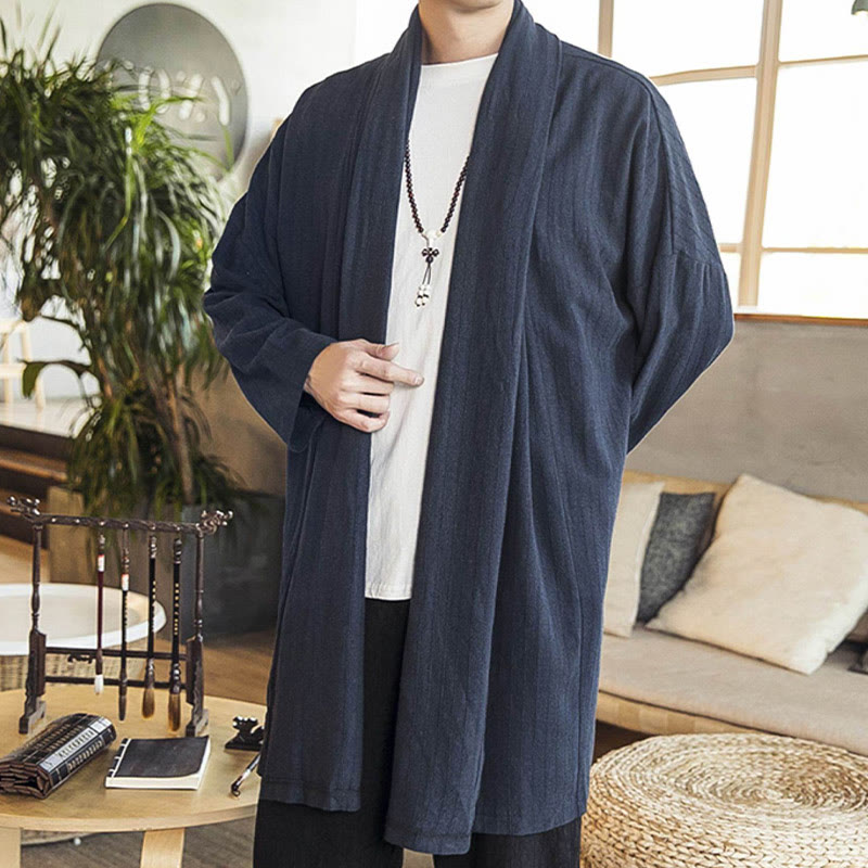 Buddha Stones Fallen Einfache Casual Loose Plain Leinenmischung Herren Mittellanger Mantel Kleidung - image 20