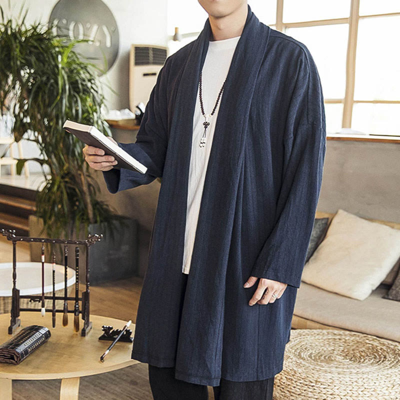 Buddha Stones Fallen Einfache Casual Loose Plain Leinenmischung Herren Mittellanger Mantel Kleidung - image 18