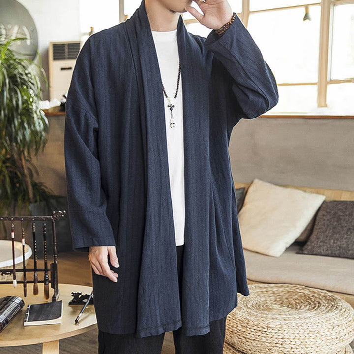 Buddha Stones Fallen Einfache Casual Loose Plain Leinenmischung Herren Mittellanger Mantel Kleidung - image 20