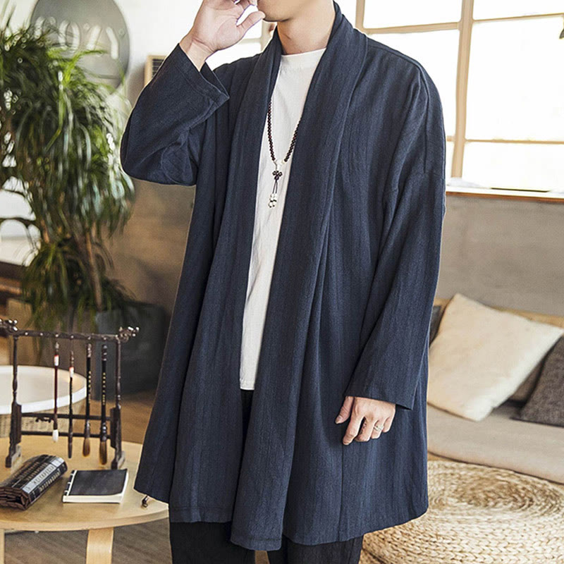 Buddha Stones Fallen Einfache Casual Loose Plain Leinenmischung Herren Mittellanger Mantel Kleidung - image 21